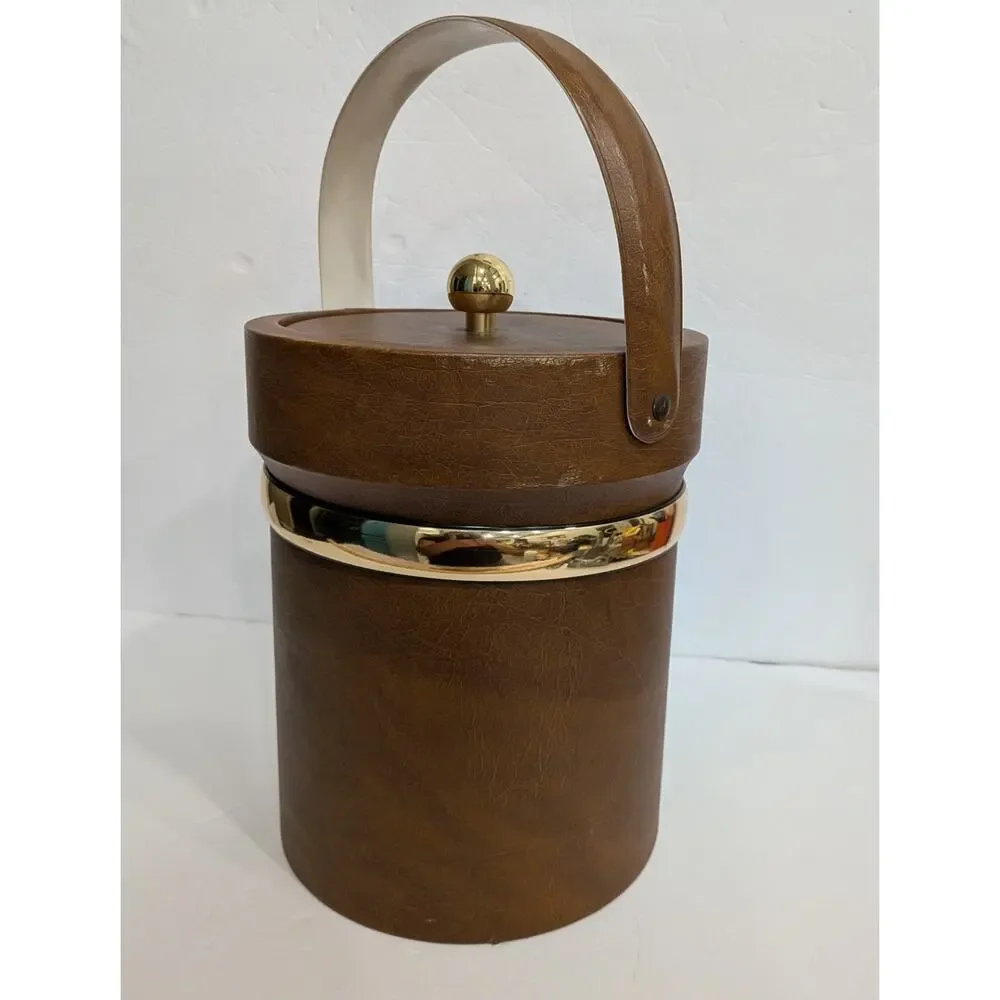 Vintage MCM Brown Faux Leather Ice Bucket Gold Brass Trim Handle Retro Barware